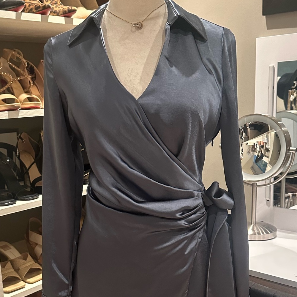 Lush steel blue satin mock-wrap dress size S